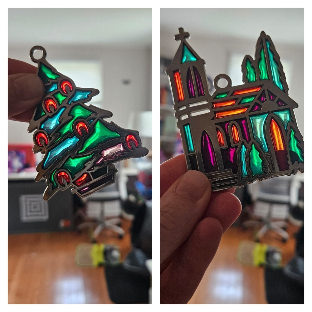 RUSS BERRIE Stained Glass Style Christmas Ornaments Tree Church Sun Catcher Gift